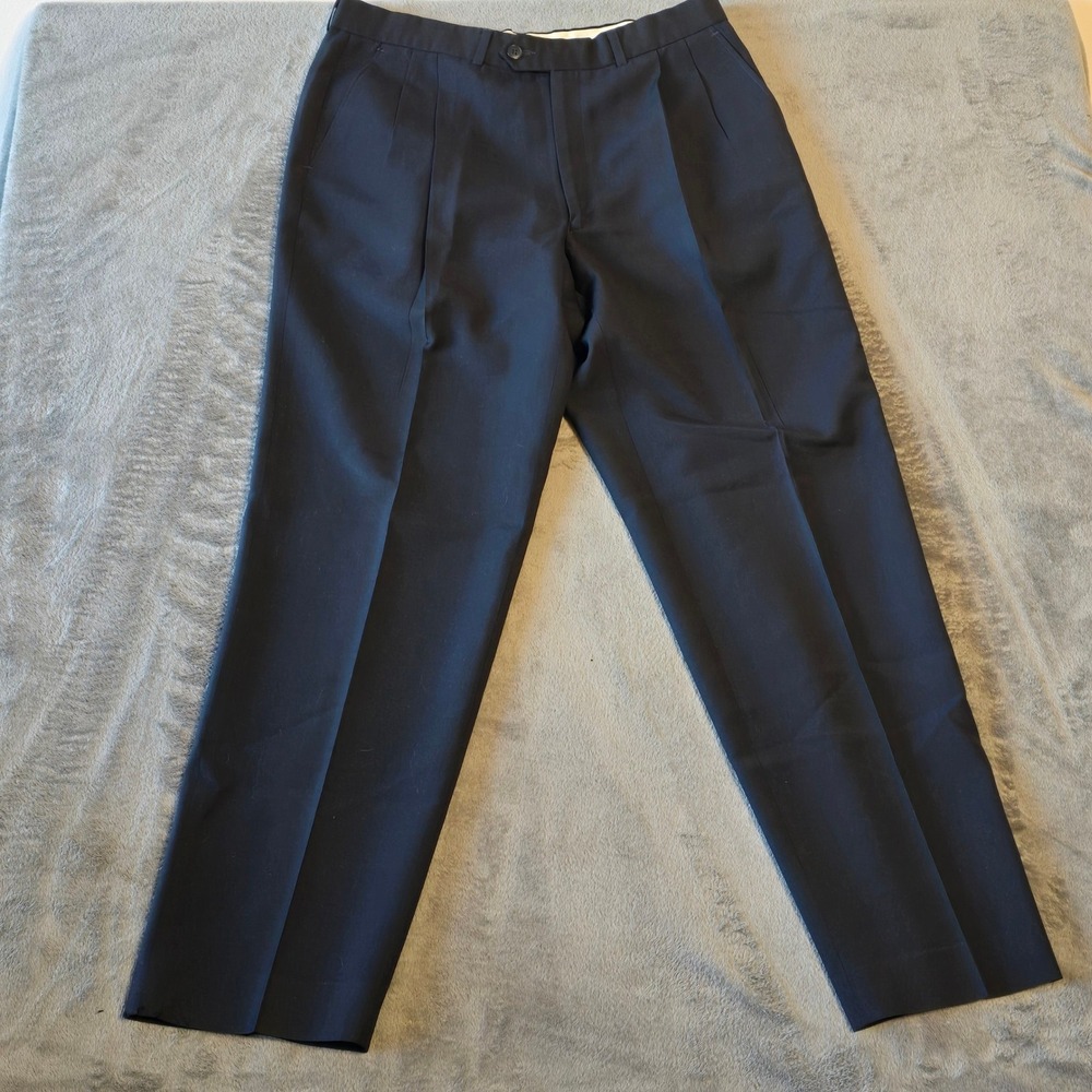 St Michael Marks & Spencer Men's Dress Pants 34x31 Navy Blue‎ Wool Blend Pleated